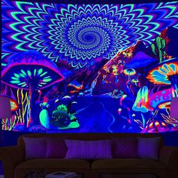 Tapestries Fluorescent Mandala Tapestry UV Psychedelic Mushroom Decoration Home Bedroom Aesthetic Room Art