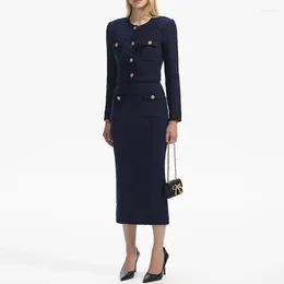 Women's Knits 2024 Early Spring Navy Blue Plaid Knitted Coat / Skirt For Women