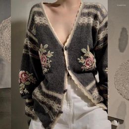 Women's Knits Vintage Flowers Embroidery Deep V Neck Sweater Cashmere Knitted Cardigans Women Wool Knitwear Coat Femme Soft Mohair Jacket