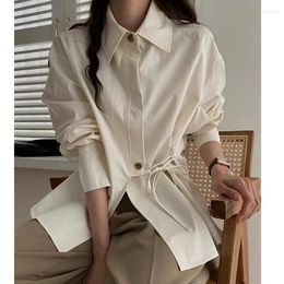 Women's Blouses QOERLIN Chic Lace-Up Solid Colour Women Shirts Long Sleeve Spring Fall BLouse Korean Fashion Bandage Tops Office Ladies Girl