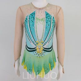 LIUHUO Figure Skating Dress Girls Teens Blue Gradient Ice Skating Dance Skirt Quality Crystals Stretchy Dancewear Ballet Performance