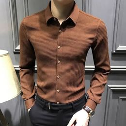 Fashion Buttons Solid Colour Turn-down Collar Long Sleeve Blouse Mens Clothing Casual Temperament Slim Formal Shirts 240201