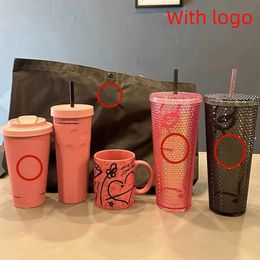 Korean Pink Water Cup Kpop Jenny the Same High Level Branded Coffee Cup Luxury Thermos Straw Cup Accompanying Cup 240124