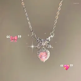 Chains 2024 Crystal Zircon Bow Knot Heart Pendant Necklaces Y2K Pink Ladies Girls Fashion Elegant Clavicle Chain Women Jewellery