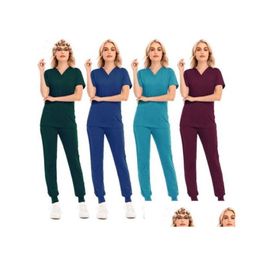 Women'S Two Piece Pants Womens Two Piece Pants Solid Color Spa Threaded Clinic Work Suits Tops Uni Scrub Pet Nursing Uniform Drop Del Dhlfk