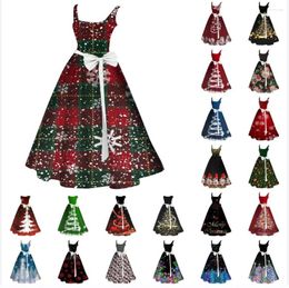 Casual Dresses Red Plaid Christmas Women 1950s 60s Vintage Robe Swing Pinup Party Dress Sexy Sleeveless Lace Up Xmas Tree Print Vestido