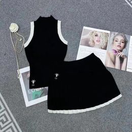 Work Dresses Kiss Weekend Girl Suit Skirt Female 2024 Spring High Neck Sleeveless Knitted Vest Waist Pleated Two-Piece