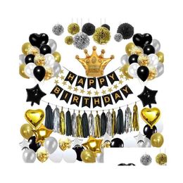 Party Decoration Black Gold Balloon Pl Flag Birthday Layout Fish Tail Tassel Paper Flower Ball Five-Pointed Star Package Decoration Em Dhdh6