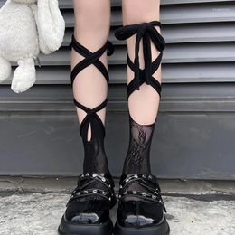 Women Socks Lolita Cross Bandage Crew Ribbon Strap Long Toe Lace-Up Ruffled Trim Bowknot Cotton Stockings Hosiery
