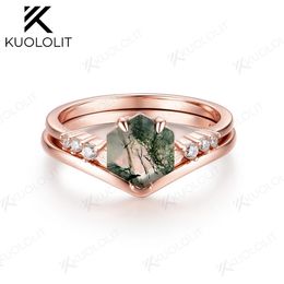 Hexagon 7*7mm Natural Moss Agate Solid 925 Sterling Silver Ring Set for Women Natural Moonstone Fine Jewellery Wedding Engagement 240119