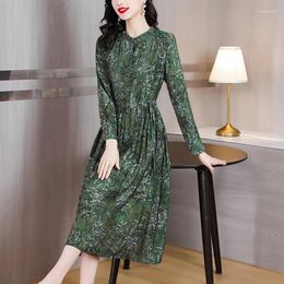 Casual Dresses 2024 Silk Dress Print Long Sleeve Green Satin Midi Women Vintage Party Spring Autumn Elegant Vestidos