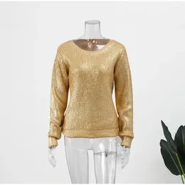 Women's Sweaters Fashion Streetwear 2024 Gold Silver Metallic Coated Knitted Sweater Long Sleeve Pullover O-neck Jumper Tops