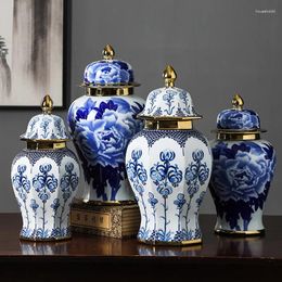 Bottles Blue And White Porcelain General Jar Chinese Vintage Craft Ginger Flower Vase Storage Tank With Lid Home Decoration