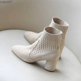 Boots Pointed Ankle Boots Winter Women New Casual Boots Women Medium Heel Knitted Sock Boots Women Faux Suede Female Heels botas mujer
