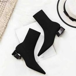 Boots Thin boots womens high-heeled pointed middle-heeled short boots spring and autumn single boots 2023 autumn and winter knitted s