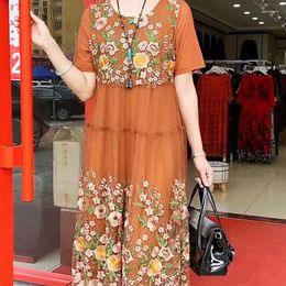 Party Dresses 2024 Elegant Round Neck Midi Dress Casual Summer Plant Flowers Embroidery Women's Clothing Short Sleeve A-Line Spliced