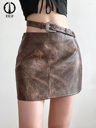 Skirts Vintage Brown PU Leather Mini Skirt With Belt For Women Sexy High Waisted Slim Bodycon Pencil Autumn Y2k Grunge Streetwear