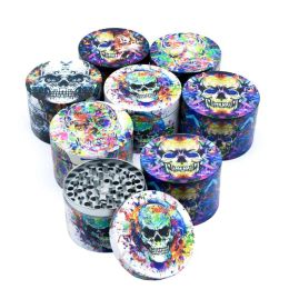 Skull Smoking Herb Tobacco Grinders 4 Piece Metal Full Colored UV Printing Shredder Hand Grinder 63mm Diameter LL