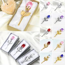 Decorative Flowers Valentines Day Gift Crystal Glass Rose Artificial Flower Silver Gold Rod For Girlfriend Wedding Gifts Guest