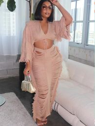 Work Dresses Joskaa Knitted Hollow Beach Style Two Piece Set Women Sexy See Through V-Neck Long Sleeve Crop Tops And Maxi Skirt Matching