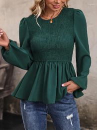 Women's Blouses Benuynffy O-Neck Keyhole Back Shirred Top Blouse Women Fall Korean Long Lantern Sleeve Solid Elegant Peplum Shirts 2024