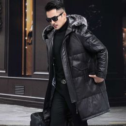 Leather Coat Down Jacket Mens First Layer Calf Designer Fur Collar Hooded Middle Long Thick 96TW