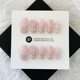 Handmade Pink Press on Nails Short Korean Cat Eye Design Reusable Adhesive False Nails Artifical Acrylic Full Cover Nail Tips 240201