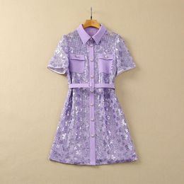 2024 Spring Lavender Plaid Panelled Floral Sequins Dress Black Short Sleeve Lapel Neck Single-Breasted Knee-Length Loose Casual Dresses S4J290125 Plus Size XXL