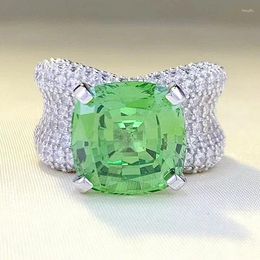 Cluster Rings 2024 S925 Silver 12 12mm Imported High Carbon Diamond Square Green Ring Women's European And American Style