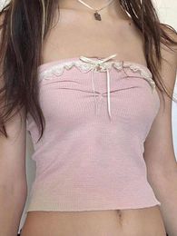 Women's Tanks Sweet Off Shoulder Crop Top Kawaii Strapless Casual Pink Tube Tops Vintage Bow Stitched Sleeveless Vest Women Y2k Summer