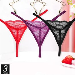 Women's Panties 3 PCS/Pack One Rope Women Lingerie Micro Bikini V String Thong Sexy Temptation Ladies Transparent Floral Lace Underwear