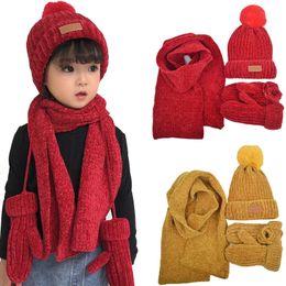 Three-piece Knitted Hats Scarf Gloves Set Children Hat PomPon Autumn Winter Warm Mitten Boy Cap Beanie Fashion Sets Kids Caps 240124