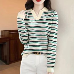 Women's Polos Autumn Winter Fashion And Elegant Pullover Polo Neck Stripe Sweater Casual Versatile Long Sleeve Loose Bottom Tops