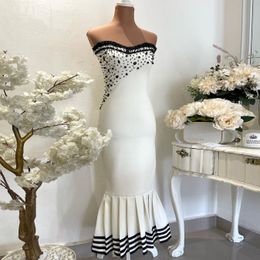 Elegant White Mermaid Prom Dress 2024 Satin Beads Strapless Long Evening Dresses Sexy Formal Party Gowns Vestidos De Noche
