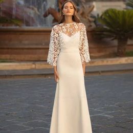 Spaghetti Strap Mermaid Wedding Dresses with Jacket Lace Appliques Wrap Bridal Gown Satin Sweep Train Civil robe de mariee