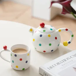 Teaware Sets 3pcs Colour Ceramic Teapot Set One Pot Two Cups Home Creative Polka Dot Kettle Coffee Cup Afternoon Tea Exquisite Mug Gift