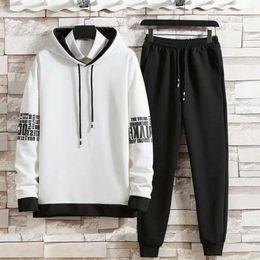 Running Sets Color-blocking Sweatshirt Pants Set Men's Sportswear With Hooded Jogger Letter Colour Block Design Long