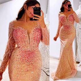 Aso Ebi Illusion Pink Mermaid Prom Dress Pearls Crystals Sequined Evening Formal Party Second Reception Birthday Engagement Gowns Dresses Robe De Soiree