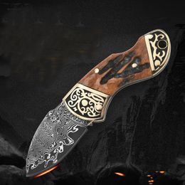 High Quality Damascus Pocket Folding Knife Drop Point Blade Cow Bone with Brass Head Handle Small EDC Folder Knives Best Gift