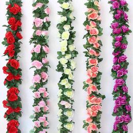 Decorative Flowers Silk Rose Flower Vine Green Plant Leaves Artificial Foliage String Wedding Garland Hanging Home Garden Decoration