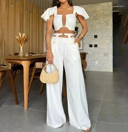Women's Two Piece Pants Set For Spring Summer 2024 Solid Color Square Neck Raglan Sleeves Hollowed Out Perspective Design Sets