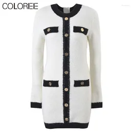 Casual Dresses In Knitwears 2024 Luxury Gold Buttons O-neck Long Sleeve White Black Patchwork Knitted Sweater Dress Women Ropa De Mujer