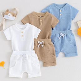 Clothing Sets Born Baby Boy Short Summer Clothes Solid Colour Waffle Sleeve Button Jumpsuit With Shorts 2Pcs Outfit