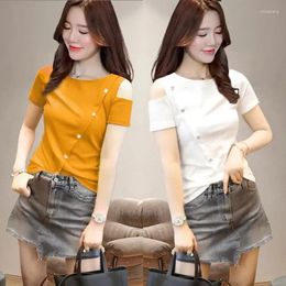 Women's T Shirts O-Neck Short Sleeved Off Shoulder Summer Female T-shirt Fashion Patchwork Button Asymmetrical Solid Color Versatile Top