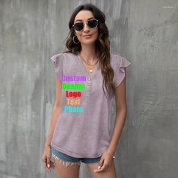 Women's T Shirts 2024 Summer V-Neck Loose Casual Button Ruffled Sleeve Shirt European American T-Shirt Custom LOGO