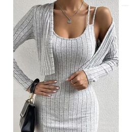 Work Dresses Tight Dress 2pcs Sets Outfits Sheath Trend Long Sleeve Cardigan Tops Women Sling Grey Bodycon