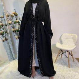 Ethnic Clothing Eid Open Abaya Kimono Turkey Muslim Hijab Dress Plain Beaded Black Abayas For Women Dubai Modest Islamic Kaftan Robe