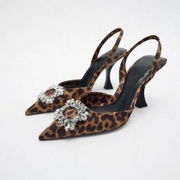 Women Pointed Shiny Rhinestones Leopard High-heeled Shoes TRAF ZA Summer Fashion Slingback High-heeled Pumps Woman Mules 240129