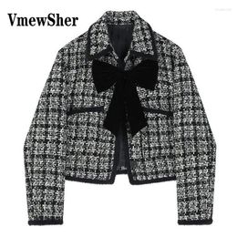 Women's Jackets VmewSher Elegant Tweed Short Jacket Women Autumn Winter Clothing Paded Retro Big Bow Neck Quilted Coat Woollen Tops