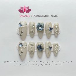 Fake Nails With Rhinestones Almond Full Cover With Designed Handmade High Quality Wearable Press on Nails With 3d Diamond Y2k 240201